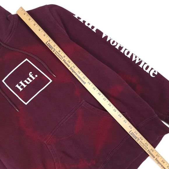 HUF Box Logo Hoodie Fleece Pullover Sweatshirt in Burgundy Tie Dye Mens Medium - Picture 3 of 8